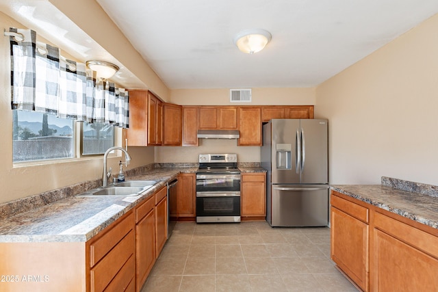 kitchen with sink, light tile patterned floors, and stainless steel appliances