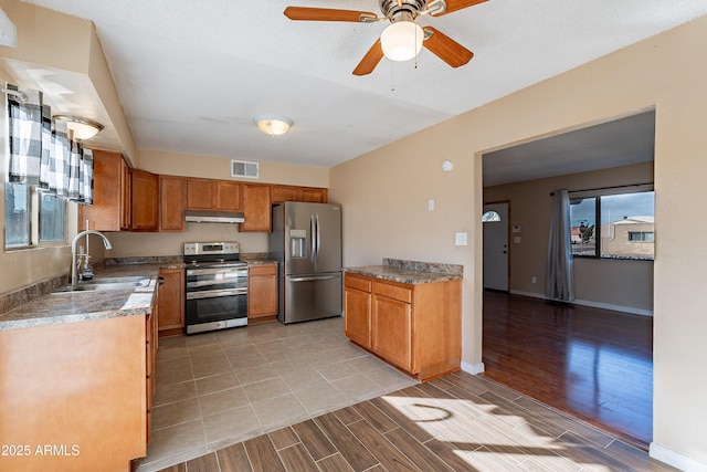 kitchen featuring stainless steel appliances, ceiling fan, a healthy amount of sunlight, and sink