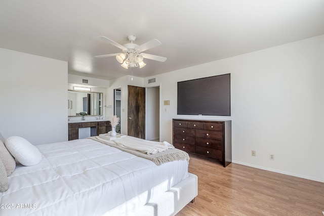 bedroom featuring ceiling fan, ensuite bath, and light hardwood / wood-style flooring