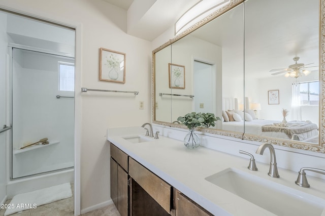 bathroom with vanity and ceiling fan