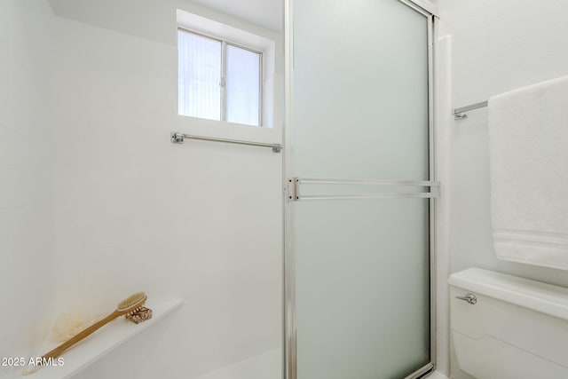 bathroom with toilet and a shower with shower door