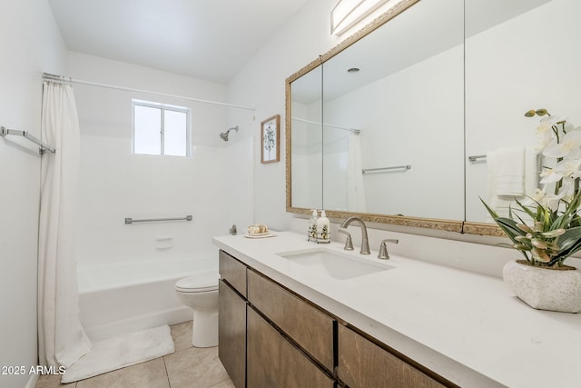 full bathroom with shower / bath combination with curtain, vanity, toilet, and tile patterned flooring