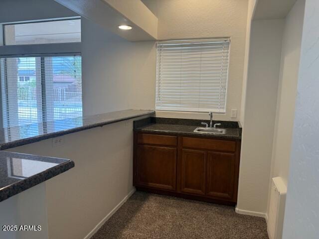 interior space featuring carpet floors, radiator, dark countertops, and a sink