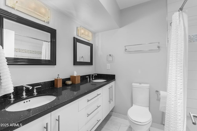 3402 E Sells Dr, Phoenix, AZ 85018 - full bathroom with marble look tiles, double vanity, toilet, a shower with curtain, and baseboards