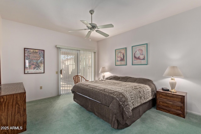 bedroom with access to exterior, ceiling fan, and carpet