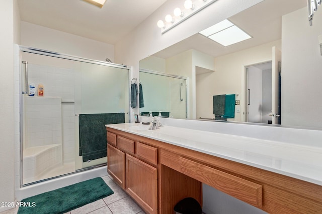 bathroom with vanity, tile patterned floors, and walk in shower