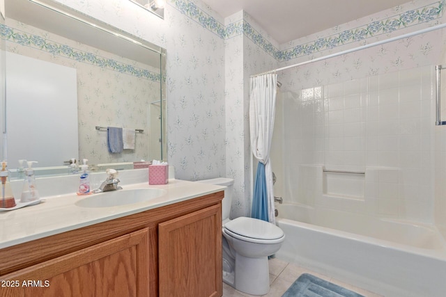 full bathroom featuring shower / bathtub combination with curtain, vanity, tile patterned floors, and toilet