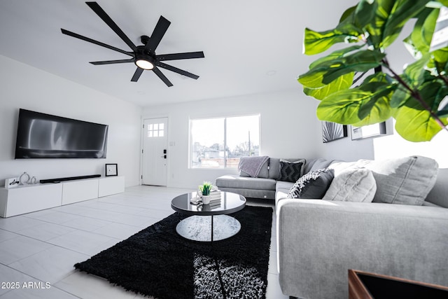 living room with a ceiling fan