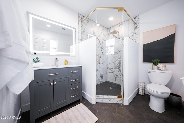 bathroom featuring a marble finish shower, toilet, vanity, recessed lighting, and baseboards