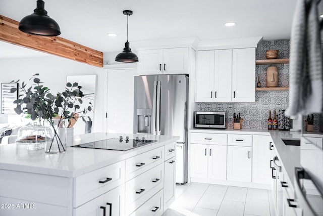 kitchen featuring open shelves, stainless steel appliances, recessed lighting, decorative backsplash, and white cabinetry