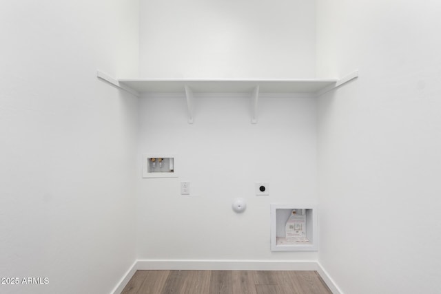 washroom featuring hookup for a gas dryer, washer hookup, hardwood / wood-style flooring, and hookup for an electric dryer