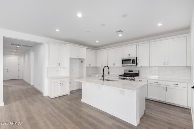 kitchen with white cabinetry, sink, an island with sink, and stainless steel appliances