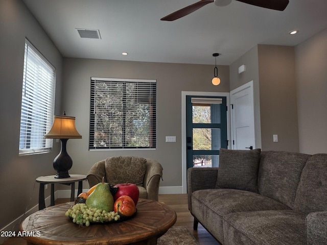 living room with plenty of natural light and wood-type flooring