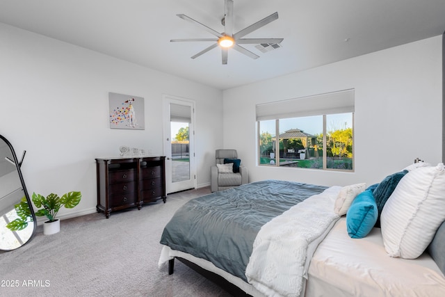 bedroom with light colored carpet, visible vents, a ceiling fan, access to outside, and baseboards