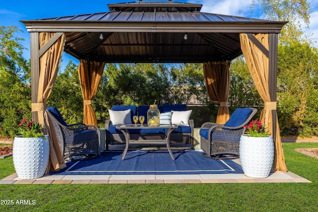 view of patio with outdoor lounge area and a gazebo