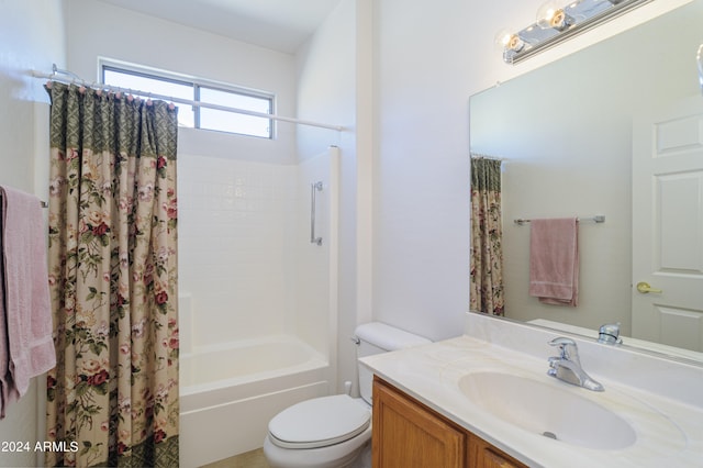 full bathroom featuring shower / bath combo, toilet, and large vanity