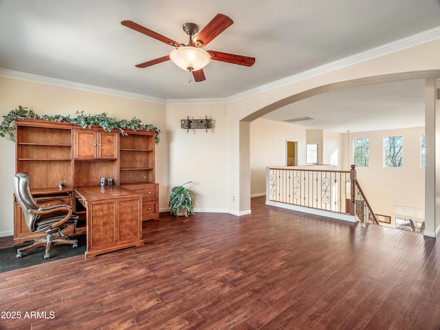 home office featuring ornamental molding and dark hardwood / wood-style floors