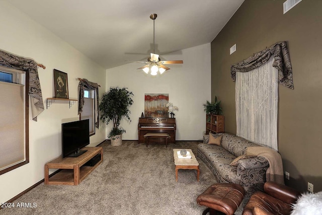 living room with carpet flooring, lofted ceiling, and ceiling fan