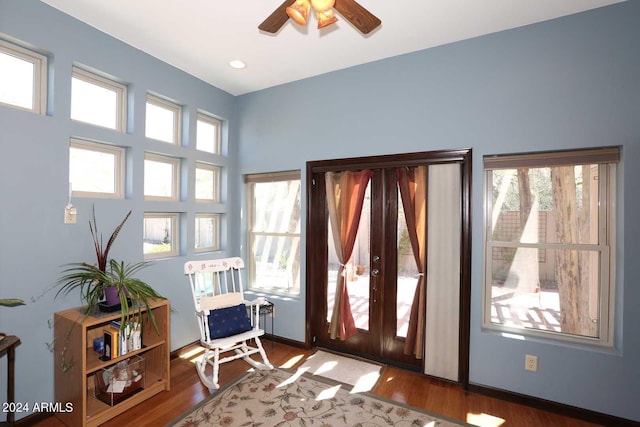 interior space with plenty of natural light, ceiling fan, and dark hardwood / wood-style floors