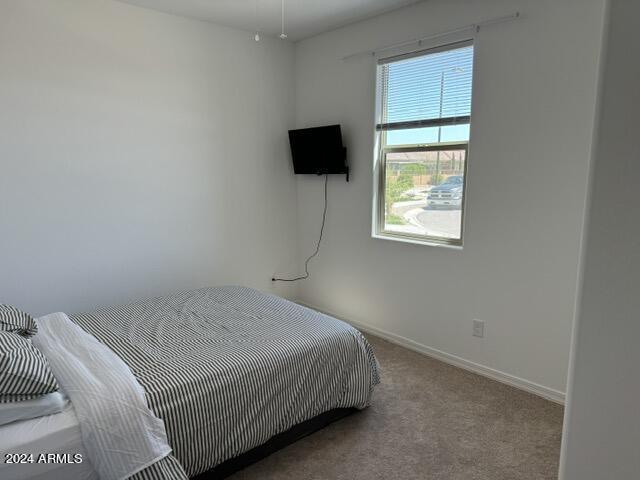 bedroom featuring light colored carpet