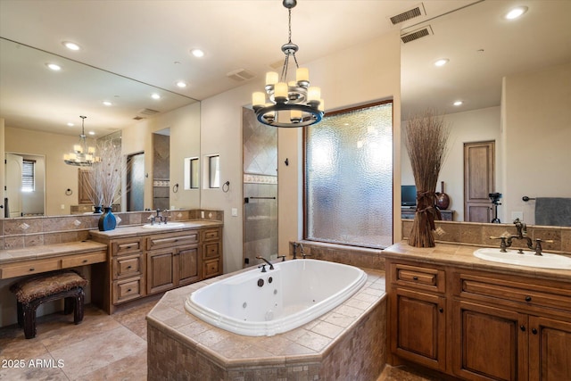 7731 E Soaring Eagle Way, Scottsdale, AZ 85266 - bathroom with a chandelier, a whirlpool tub, two vanities, recessed lighting, and a tile shower