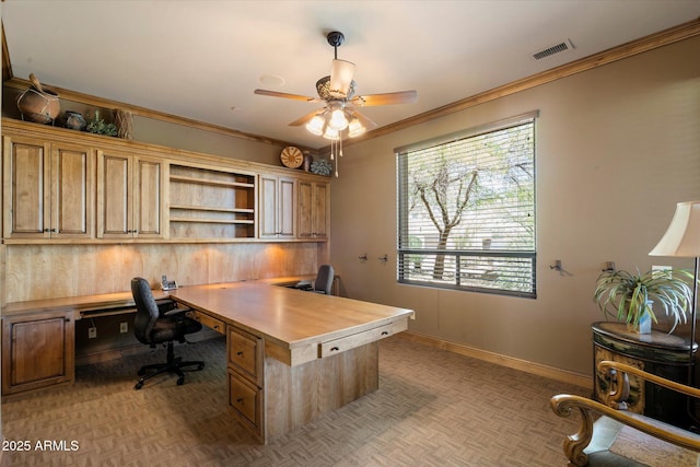 7731 E Soaring Eagle Way, Scottsdale, AZ 85266 - office space featuring a ceiling fan, ornamental molding, and built in study area