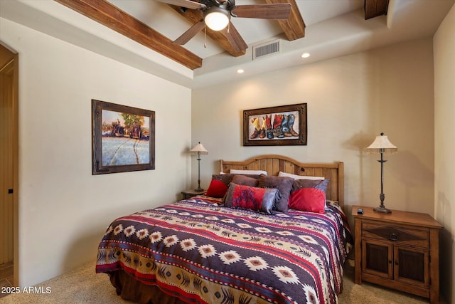 7731 E Soaring Eagle Way, Scottsdale, AZ 85266 - bedroom featuring carpet, beamed ceiling, recessed lighting, and a ceiling fan