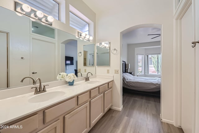 bathroom featuring ceiling fan, wood-type flooring, and vanity