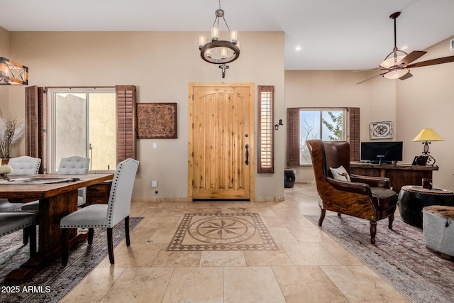 38106 N 2nd Ln, Phoenix, AZ 85086 - dining area featuring a chandelier, a ceiling fan, light stone finish flooring, and recessed lighting