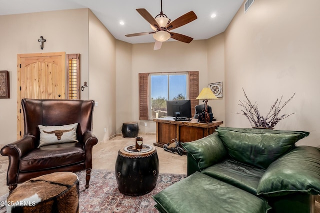 38106 N 2nd Ln, Phoenix, AZ 85086 - living area featuring a ceiling fan, recessed lighting, an office area, and a towering ceiling