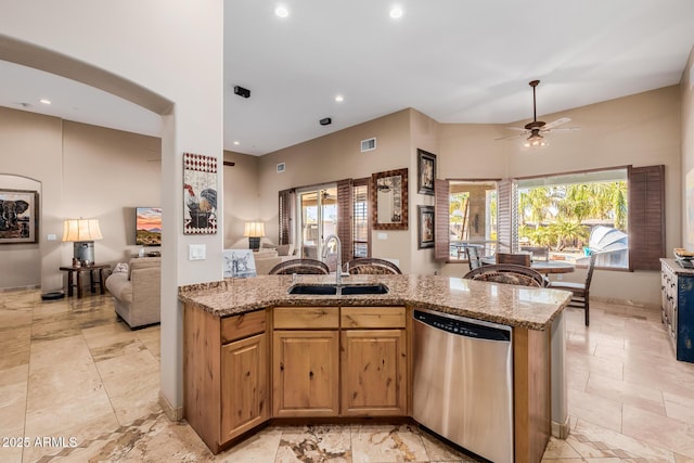 38106 N 2nd Ln, Phoenix, AZ 85086 - kitchen featuring dishwasher, open floor plan, light stone countertops, recessed lighting, and a ceiling fan