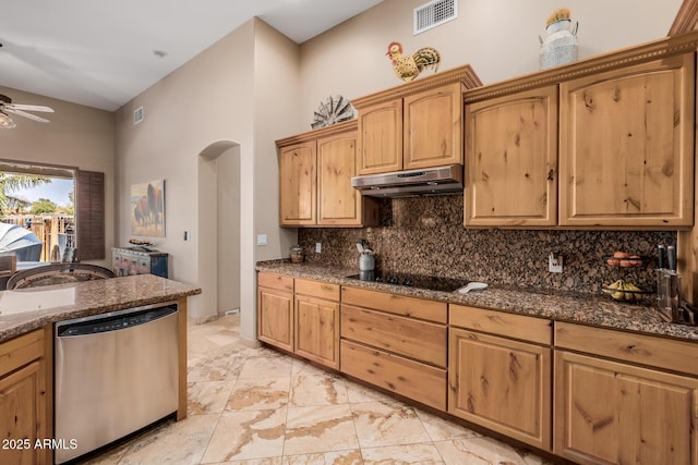 38106 N 2nd Ln, Phoenix, AZ 85086 - kitchen featuring dishwasher, under cabinet range hood, black electric stovetop, arched walkways, and dark stone counters