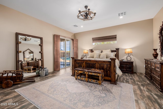 38106 N 2nd Ln, Phoenix, AZ 85086 - bedroom featuring access to exterior, a chandelier, and dark wood-type flooring