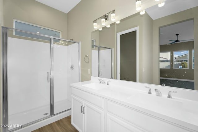 full bathroom featuring ceiling fan, a shower stall, wood finished floors, and a sink