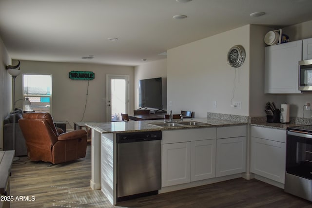 kitchen with open floor plan, a peninsula, light stone countertops, stainless steel appliances, and a sink