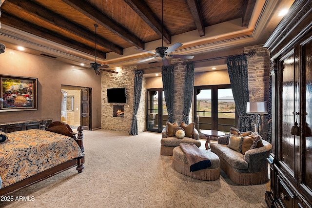 bedroom with beamed ceiling, carpet floors, access to outside, a fireplace, and wood ceiling