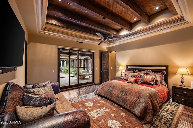 bedroom with access to exterior, ceiling fan, wooden ceiling, beamed ceiling, and wood-type flooring