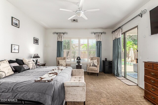 bedroom featuring ceiling fan, carpet floors, and access to outside