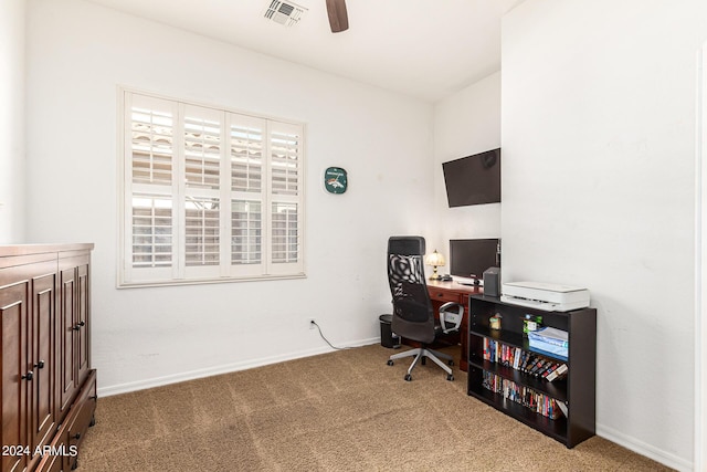 office area featuring ceiling fan and carpet