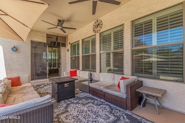 view of patio / terrace with ceiling fan and an outdoor hangout area