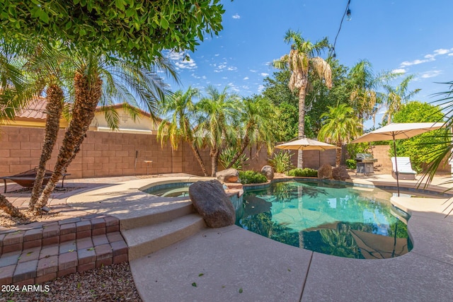 view of swimming pool featuring an in ground hot tub and a patio