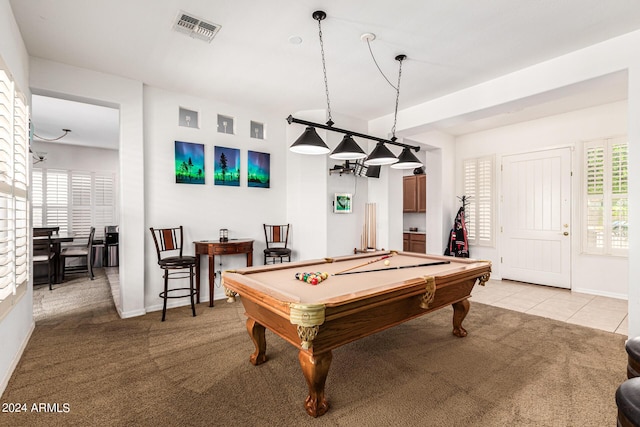 recreation room featuring a wealth of natural light, light tile patterned flooring, and pool table