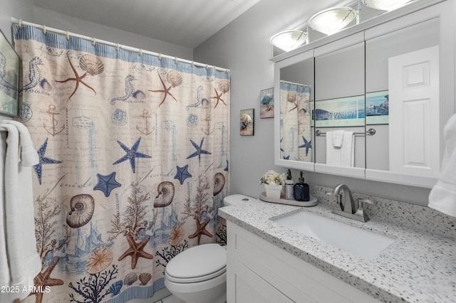 bathroom with vanity, curtained shower, and toilet