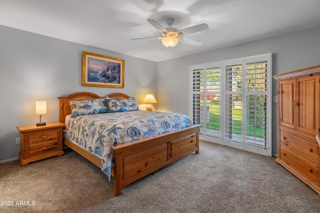 carpeted bedroom featuring access to outside and ceiling fan