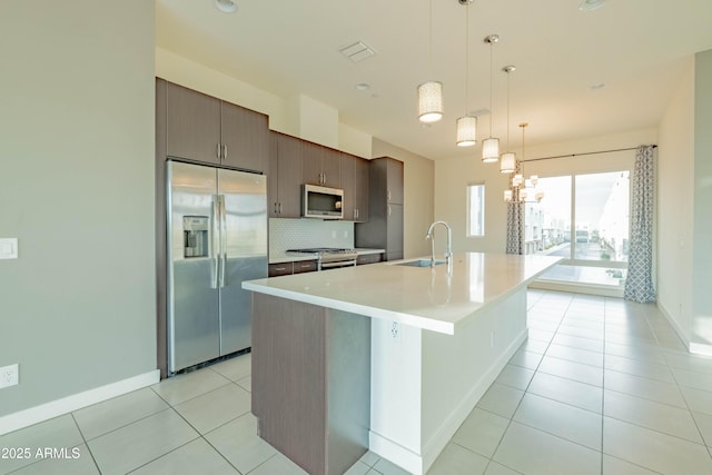 kitchen with decorative backsplash, sink, dark brown cabinetry, an island with sink, and stainless steel appliances