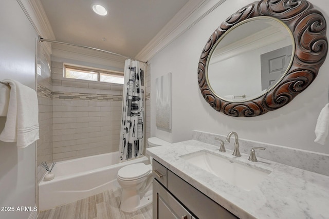 full bathroom featuring toilet, vanity, ornamental molding, and shower / tub combo with curtain