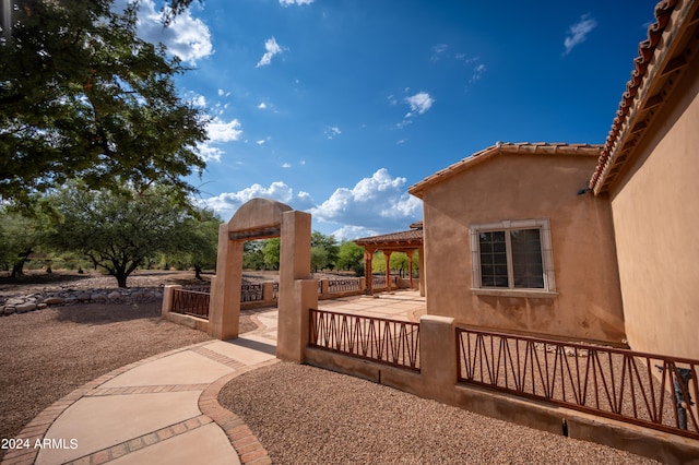 view of terrace featuring a gazebo