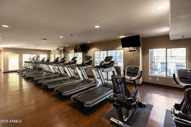 gym featuring dark hardwood / wood-style floors