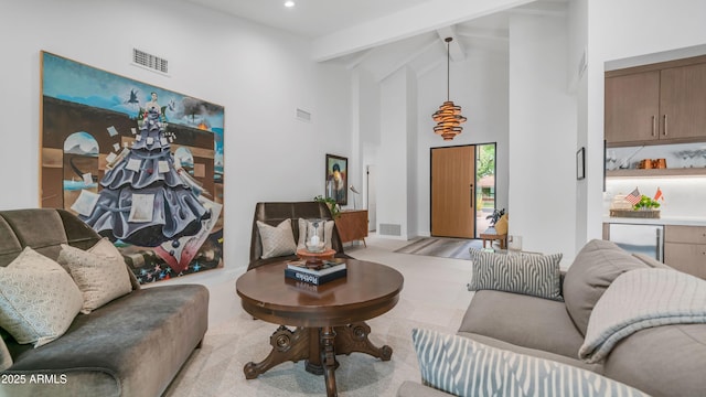 5438 E Lupine Ave, Scottsdale, AZ 85254 - living area featuring beam ceiling, high vaulted ceiling, and recessed lighting