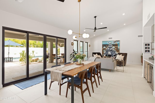 5438 E Lupine Ave, Scottsdale, AZ 85254 - dining room with ceiling fan, recessed lighting, high vaulted ceiling, french doors, and light tile patterned floors